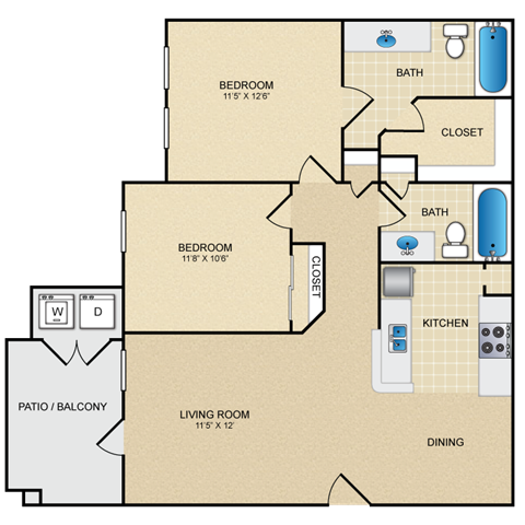 Floor plan for 2 beds, 2 baths, 960 sqft